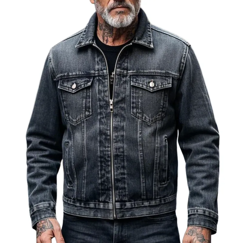 Men's Casual Lapel Zipper Washed Denim Jacket 43064569F sold by Manly