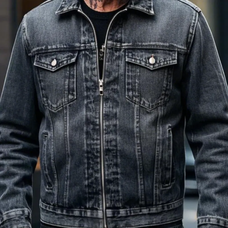 Men's Casual Lapel Zipper Washed Denim Jacket 43064569F sold by Manly product image thumbnail 3