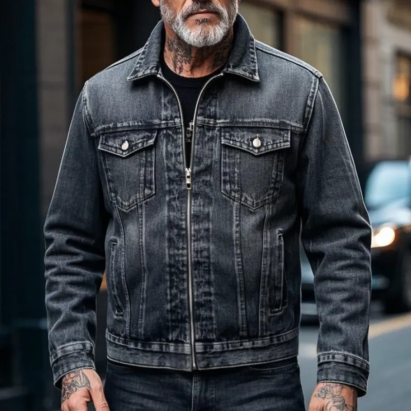 Men's Casual Lapel Zipper Washed Denim Jacket 43064569F sold by Manly product image thumbnail 2