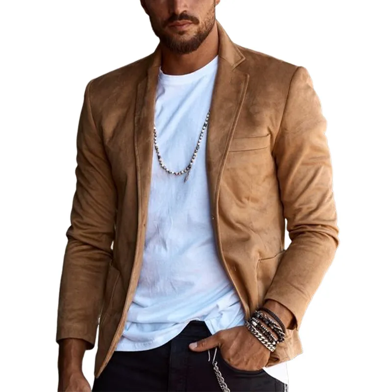 Men's Khaki Velvet Notched Lapel Two-Button Blazer 71554824U sold by Manly