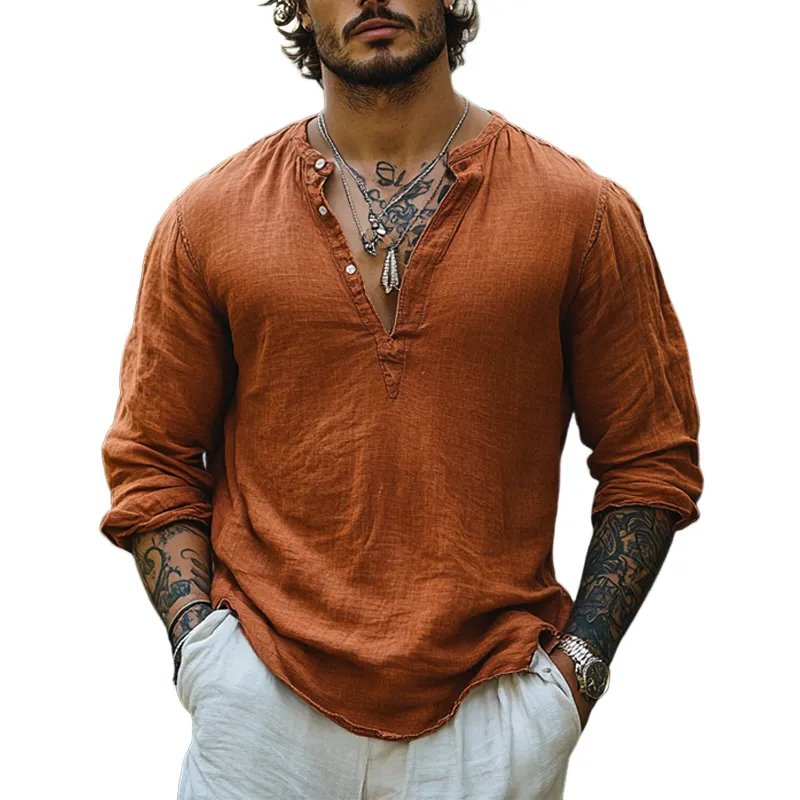 Men's Orange Deep V-neck Cotton and Linen Long-sleeved T-shirt 61426233U sold by Manly