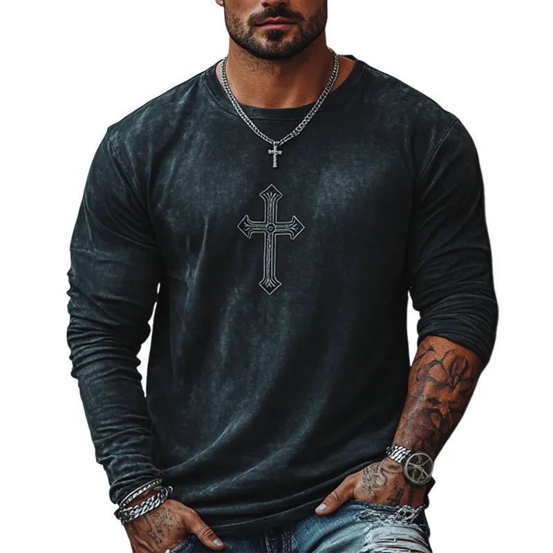 Men's Casual Retro Printed Round Neck Long Sleeve T-Shirt 51653592U sold by Manly