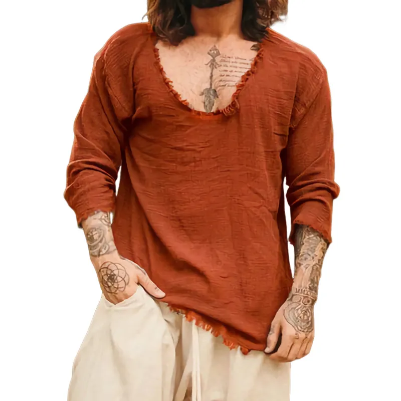 Men's Red Deep V-neck Cotton and Linen Long-sleeved T-shirt 96119841U sold by Manly