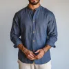 Men's Casual Dark Blue Round Neck Cotton and Linen Long-sleeved Shirt 06993152U sold by Manly