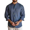 Men's Casual Dark Blue Round Neck Cotton and Linen Long-sleeved Shirt 06993152U sold by Manly