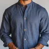 Men's Casual Dark Blue Round Neck Cotton and Linen Long-sleeved Shirt 06993152U sold by Manly