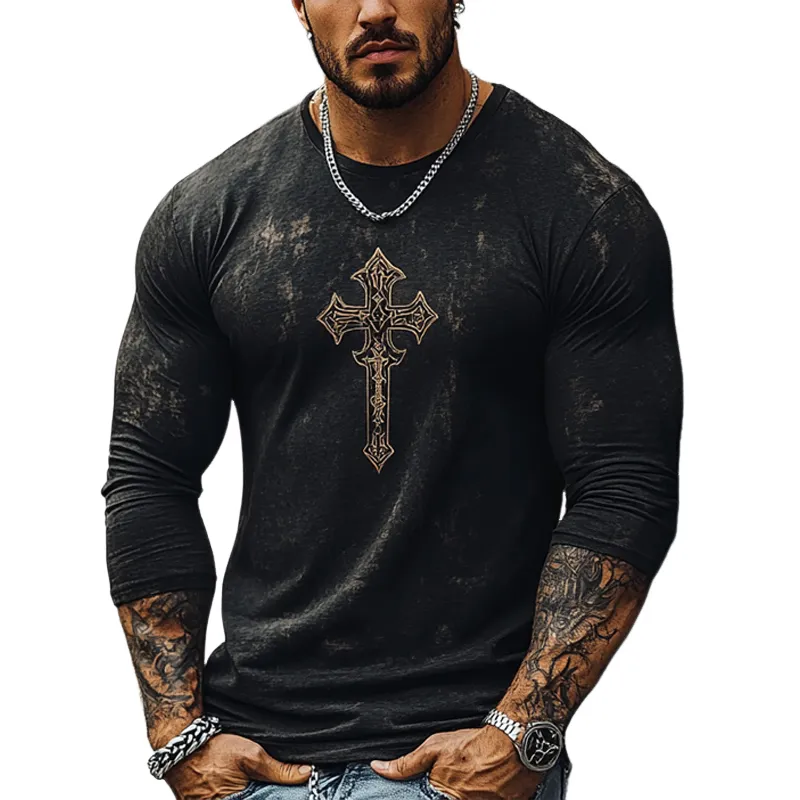 Men's Casual Retro Printed Round Neck Long Sleeve T-Shirt 48321925U sold by Manly