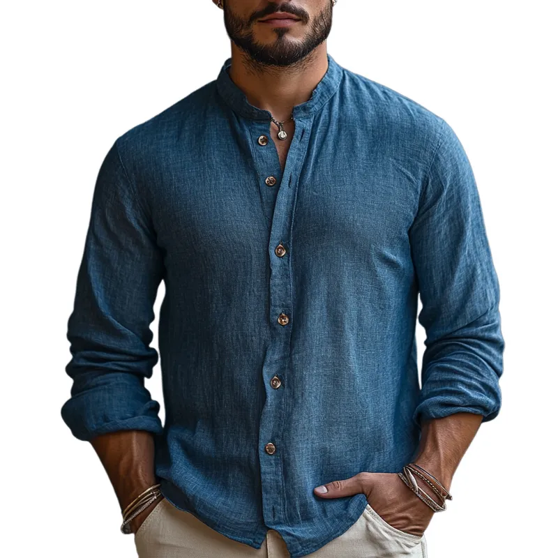 Men's Casual Skin-friendly Round Neck Linen Long-sleeved Shirt 60310523U sold by Manly