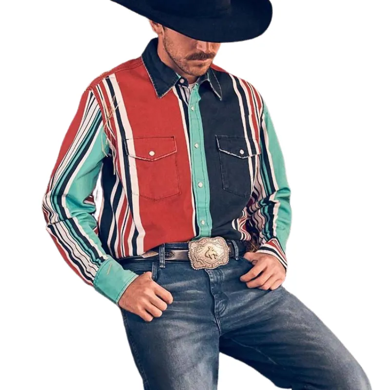 Men's Retro Casual Western Style Vertical Striped Long Sleeve Shirt 03781103K sold by Manly