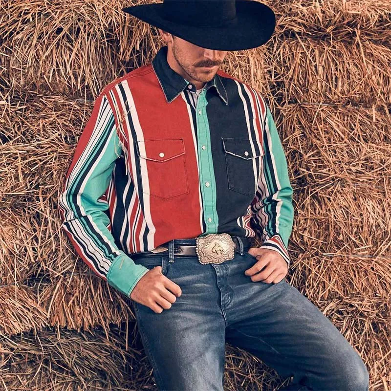 Men's Retro Casual Western Style Vertical Striped Long Sleeve Shirt 03781103K sold by Manly product image thumbnail 2