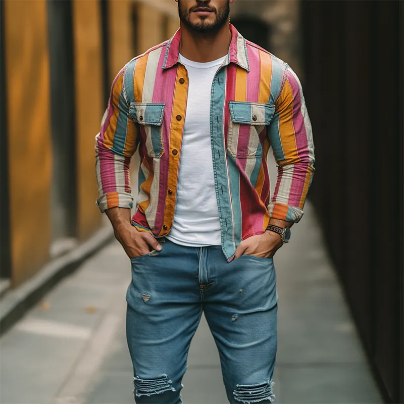 Men's Stylish Casual Western Style Vertical Striped Long Sleeve Shirt 64944267K sold by Manly product image thumbnail 3