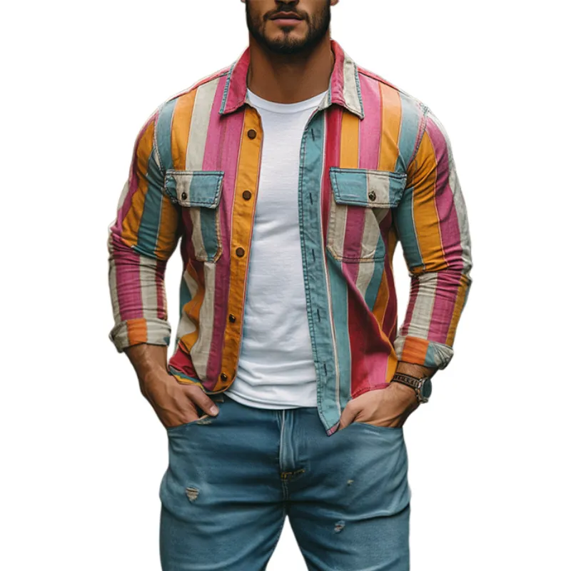 Men's Stylish Casual Western Style Vertical Striped Long Sleeve Shirt 64944267K sold by Manly