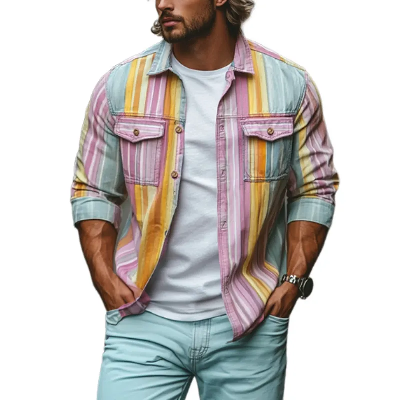 Men's Stylish Casual Contrast Color Vertical Striped Long Sleeve Shirt 28713992K sold by Manly