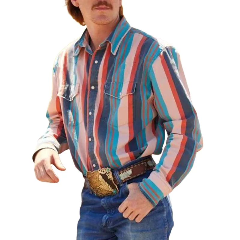 Men's Retro Casual Western Style Vertical Striped Long Sleeve Shirt 92340773K sold by Manly