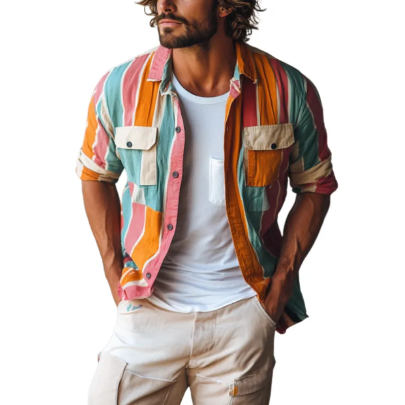 Men's Casual Contrast Color Vertical Striped Long Sleeve Shirt 55185473K sold by Manly