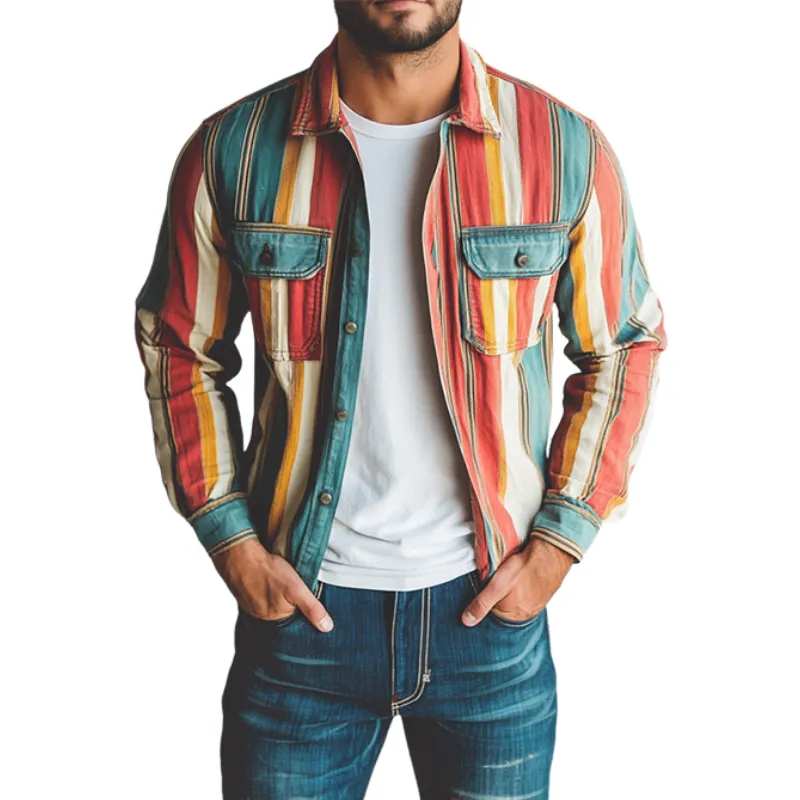 Men's Stylish Casual Western Style Vertical Striped Long Sleeve Shirt 41480287K sold by Manly