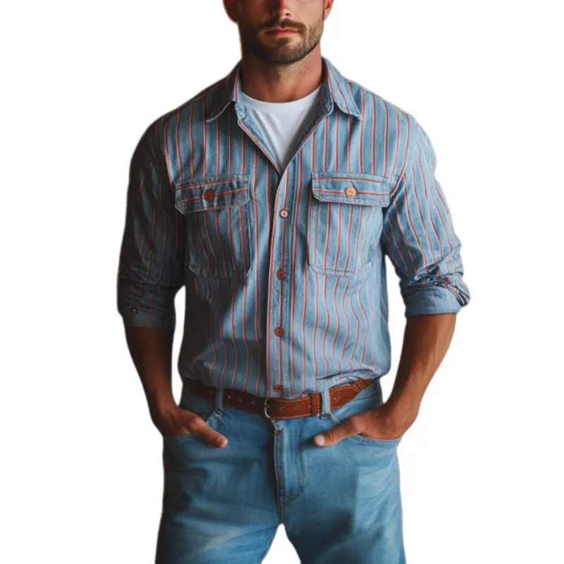 Men's Classic Casual Western Style Vertical Striped Long Sleeve Shirt 82068609K sold by Manly