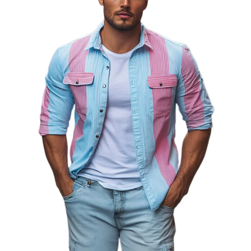 Men's Classic Casual Contrast Color Vertical Striped Long Sleeve Shirt 88133451K sold by Manly