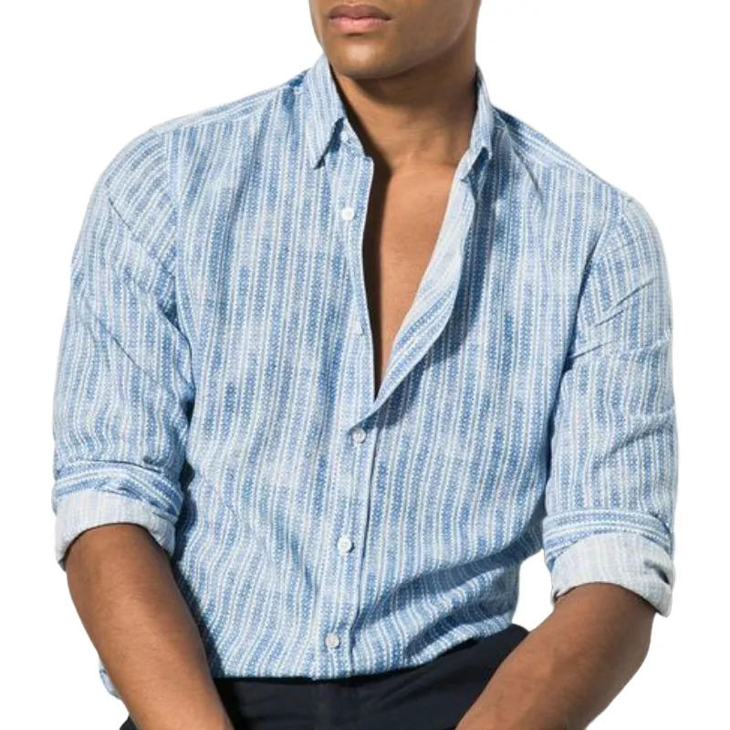 Men's Casual Digital Printed Cotton and Linen Lapel Long Sleeve Shirt 27023454F sold by Manly