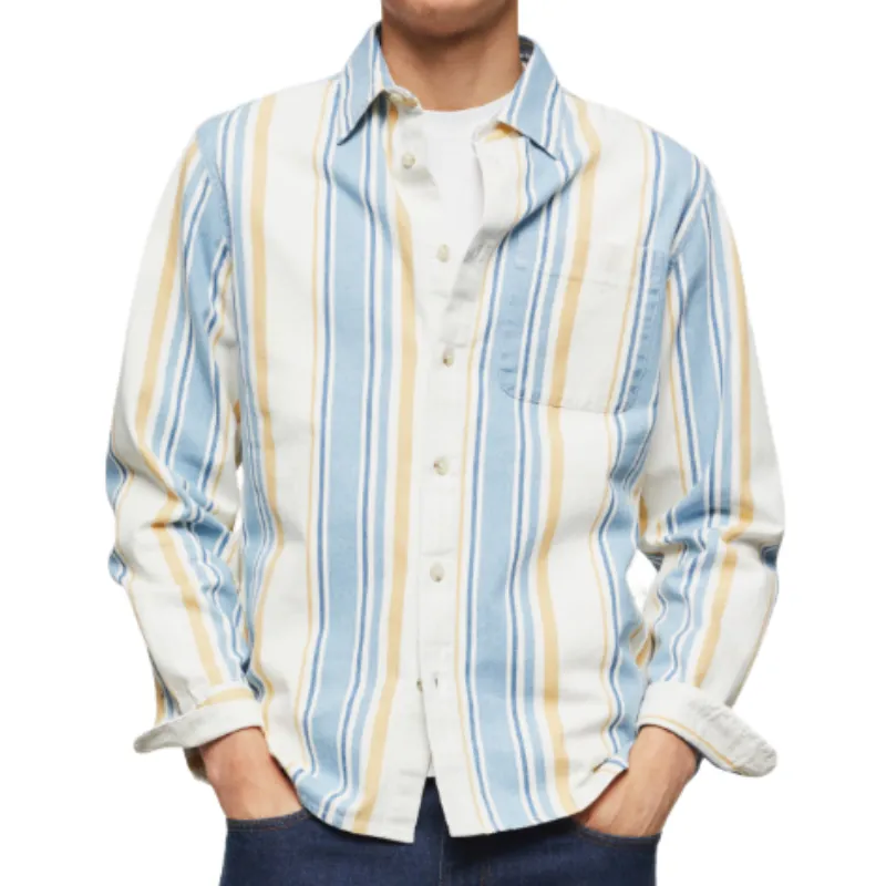Men's Fashion Contrast Striped Cotton and Linen Lapel Long Sleeve Shirt 30418102F sold by Manly