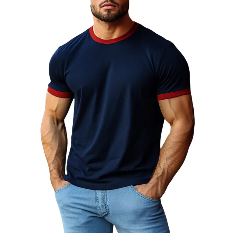 Men's Casual Cotton Colorblock Patchwork Round Neck Slim Short Sleeve T-shirt 59944222M sold by Manly