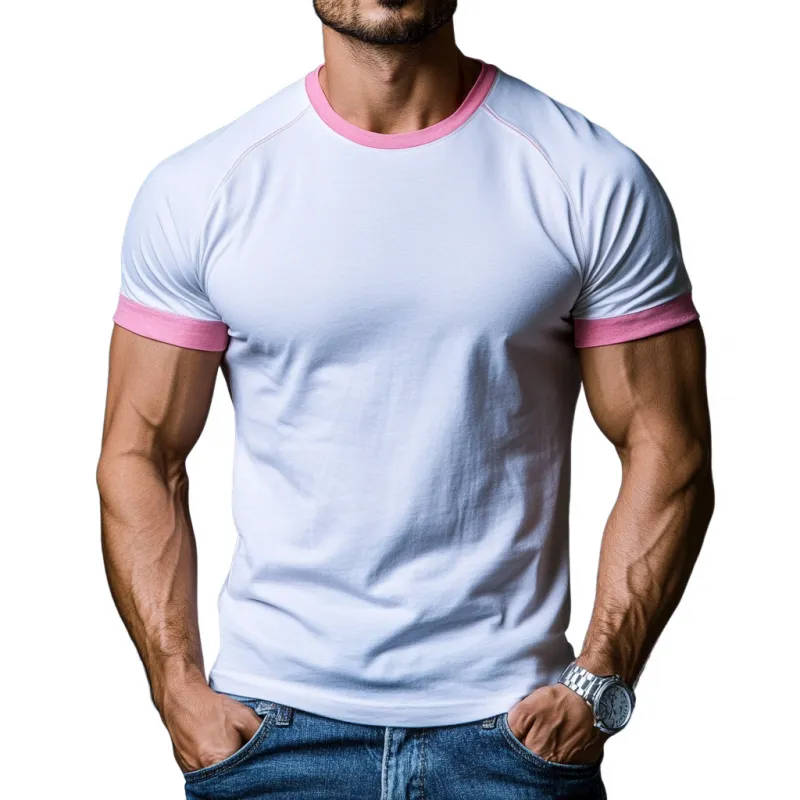 Men's Casual Cotton Colorblock Patchwork Round Neck Slim Short Sleeve T-shirt 71890409M sold by Manly
