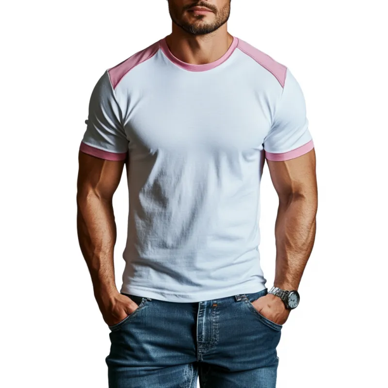 Men's Casual Cotton Colorblock Patchwork Round Neck Slim Short Sleeve T-shirt 46212038M sold by Manly