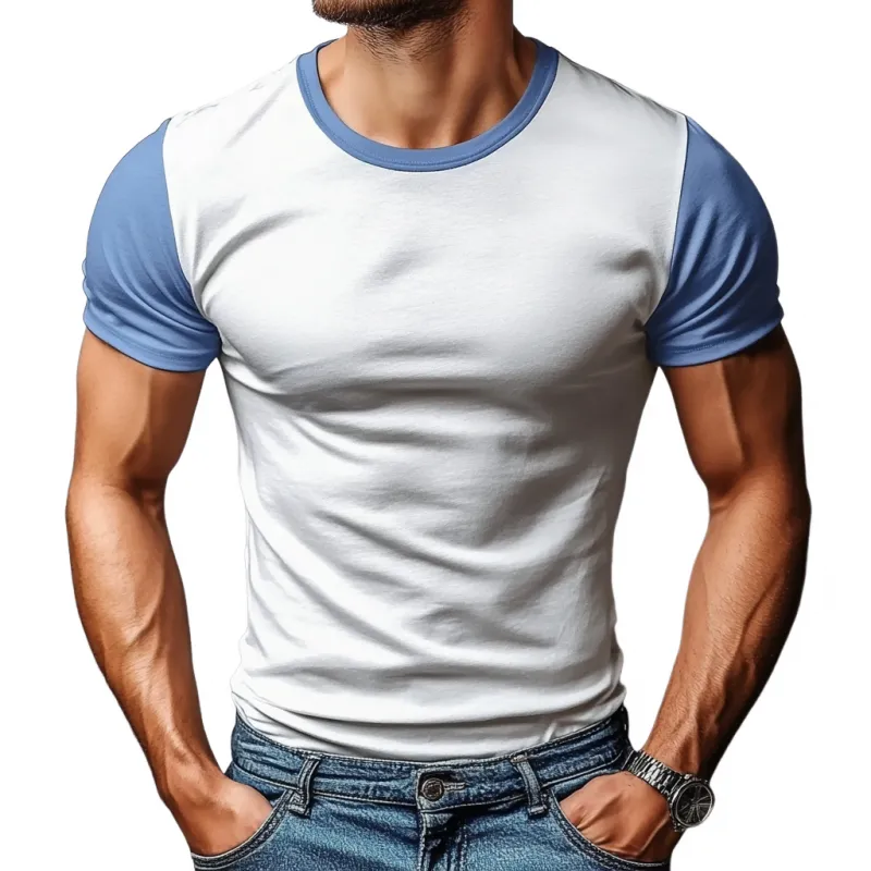 Men's Casual Cotton Colorblock Patchwork Round Neck Slim Short Sleeve T-shirt 54331290M sold by Manly