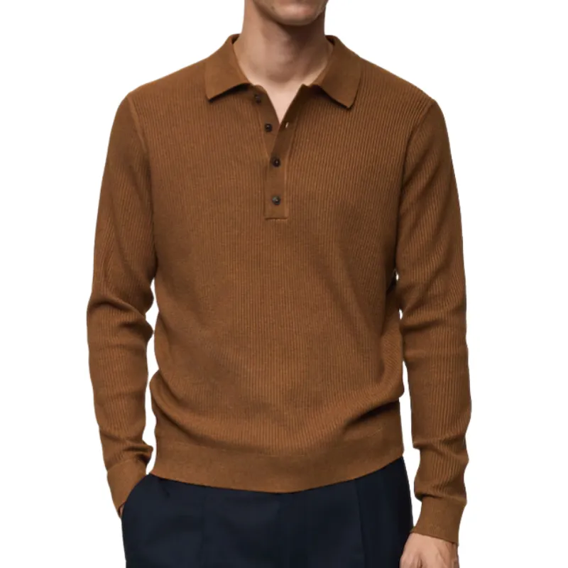 Men's Retro Casual Ribbed Lapel Long Sleeve Polo Shirt 30620543F sold by Manly