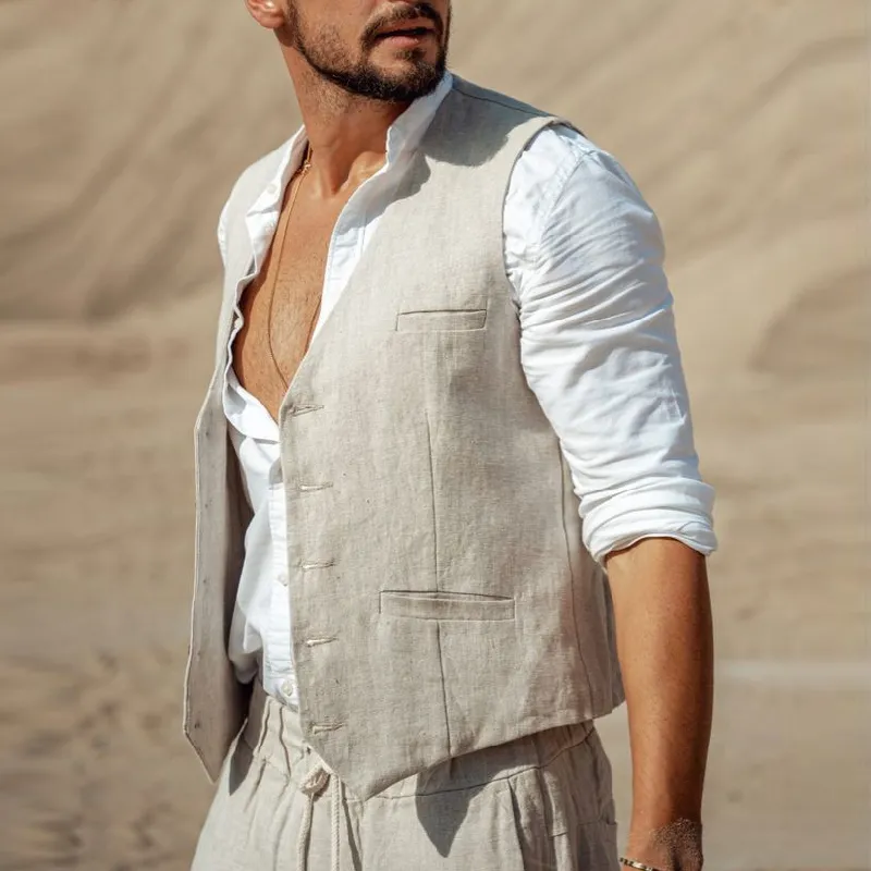 Men's Casual Linen V-neck Single-breasted Slim Fit Vest 84418557M sold by Manly product image thumbnail 2