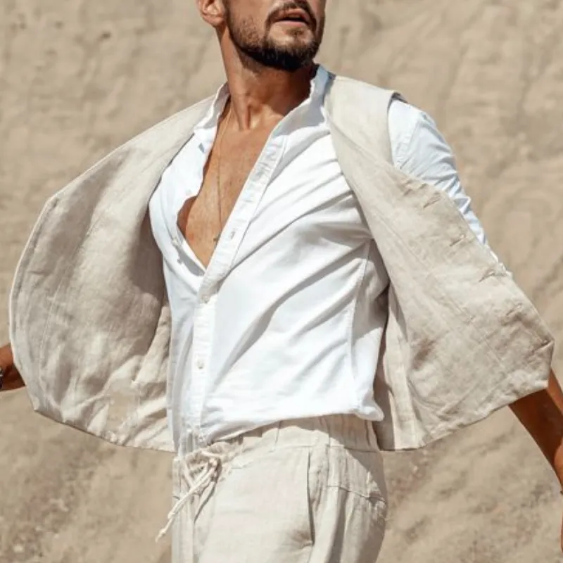 Men's Casual Linen V-neck Single-breasted Slim Fit Vest 84418557M sold by Manly product image thumbnail 3