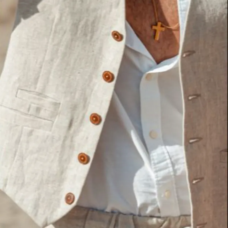 Men's Casual Linen V-neck Single-breasted Slim Fit Vest 84418557M sold by Manly product image thumbnail 4