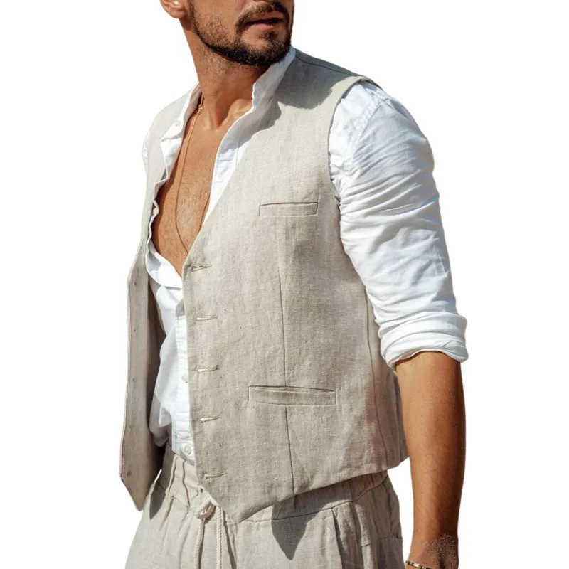 Men's Casual Linen V-neck Single-breasted Slim Fit Vest 84418557M sold by Manly