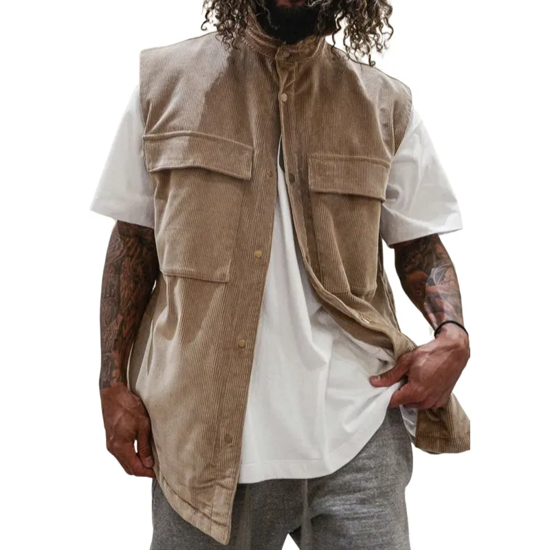 Men's Casual Corduroy Stand Collar Chest Pocket Oversize Vest 18613771M sold by Manly