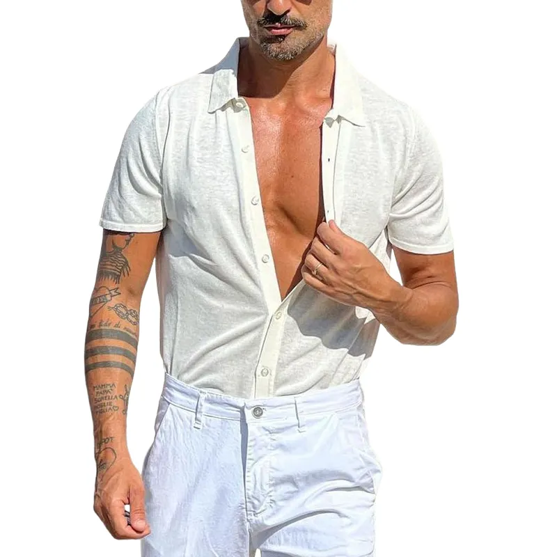 Men's Casual Cotton Lapel Single Breasted Short Sleeve Shirt 17091277M sold by Manly