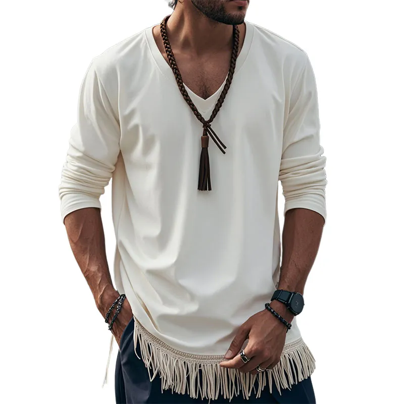 Men's Casual Cotton V-Neck Hem Tassel Loose Long Sleeve T-Shirt 85946568M sold by Manly