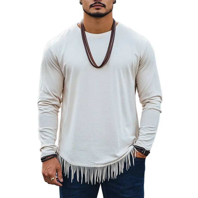 Men's Casual Cotton Round Neck Hem Tassel Loose Long Sleeve T-Shirt 12710876M sold by Manly