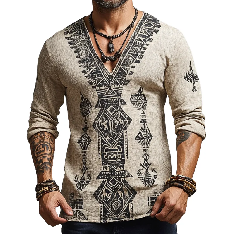 Men's Casual Street V-neck Cotton and Linen Printed Long-sleeved T-shirt 92555367F sold by Manly
