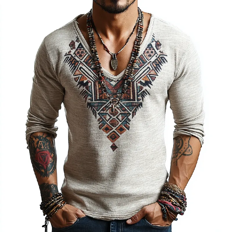 Men's Vintage V-Neck Cotton Printed Long Sleeve T-Shirt 90172145F sold by Manly