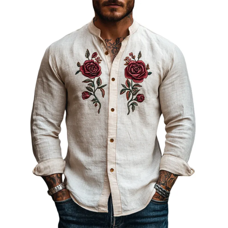 Men's Classic Retro Casual Embroidered Rose Linen Long Sleeve Shirt 95405072K sold by Manly