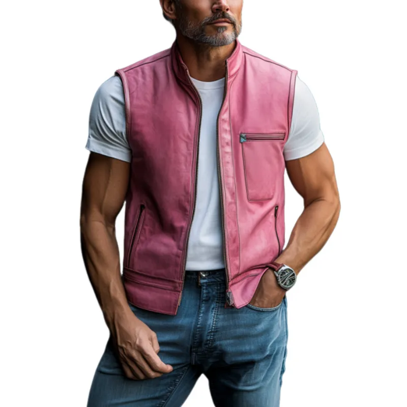 Men's Stylish Casual Stand Collar Multi-pocket Leather Vest 43888443K sold by Manly