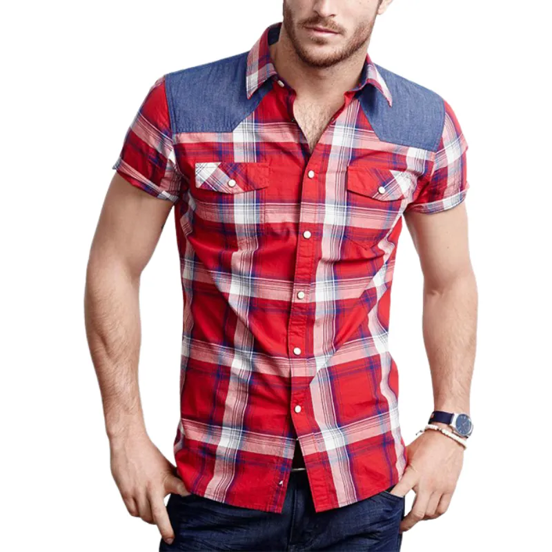 Men's Classic Casual Plaid Patchwork Denim Short-sleeved Shirt 20652113K sold by Manly
