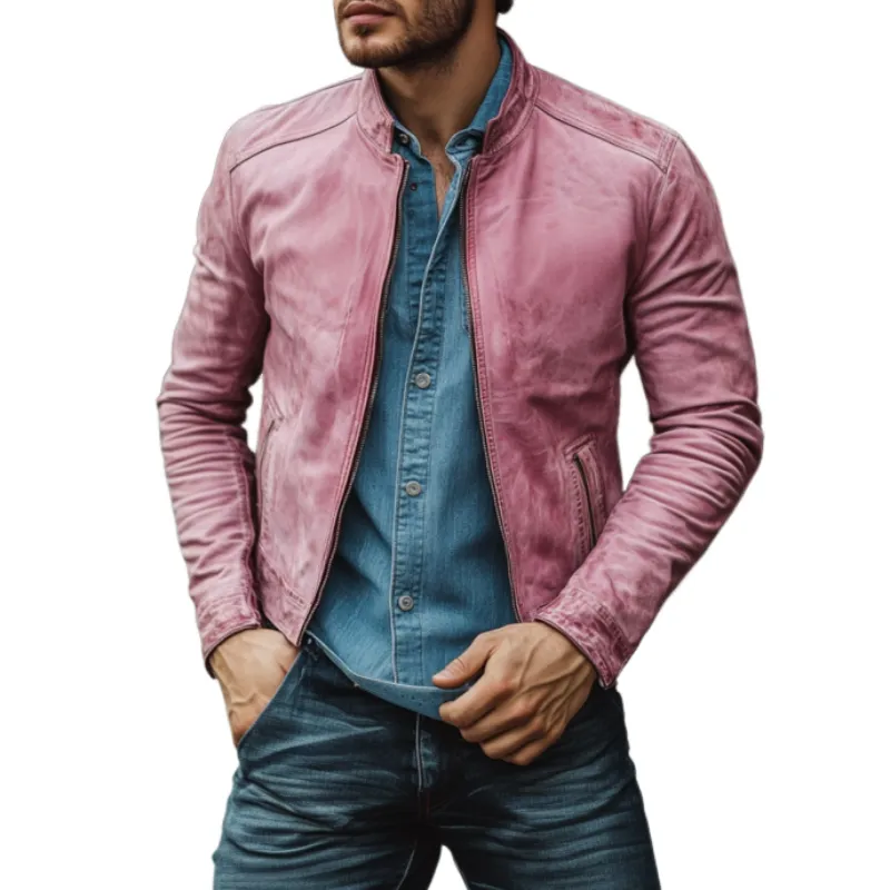 Men's Classic Smart Casual Slim Stand Collar Leather Jacket 08288706K sold by Manly