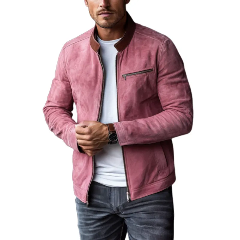 Men's Classic Casual Slim Fit Leather Stand Collar Suede Jacket 06244509K sold by Manly