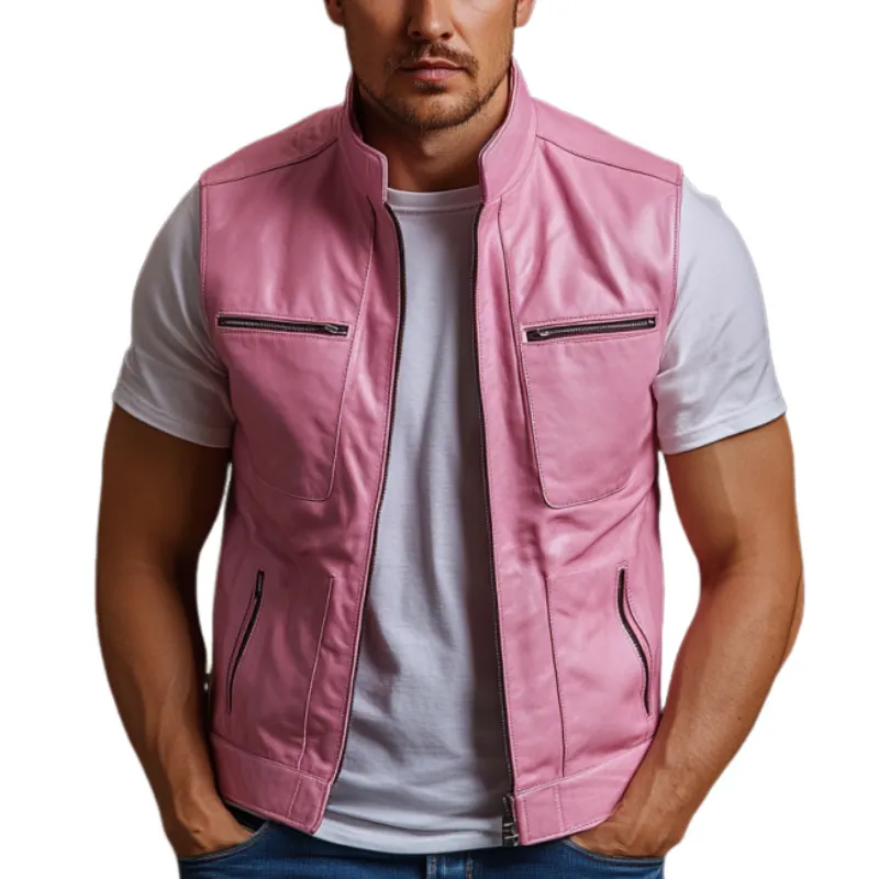 Men's Stylish Casual Stand Collar Multi-pocket Leather Vest 03152106K sold by Manly