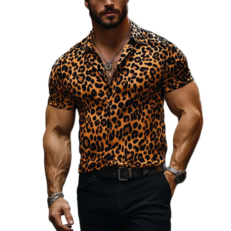 Men's Stylish Casual Slim Fit Leopard Print Short Sleeve Shirt 10605364K sold by Manly