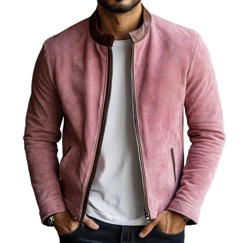 Men's Classic Casual Slim Fit Leather Stand Collar Suede Jacket 32077870K sold by Manly
