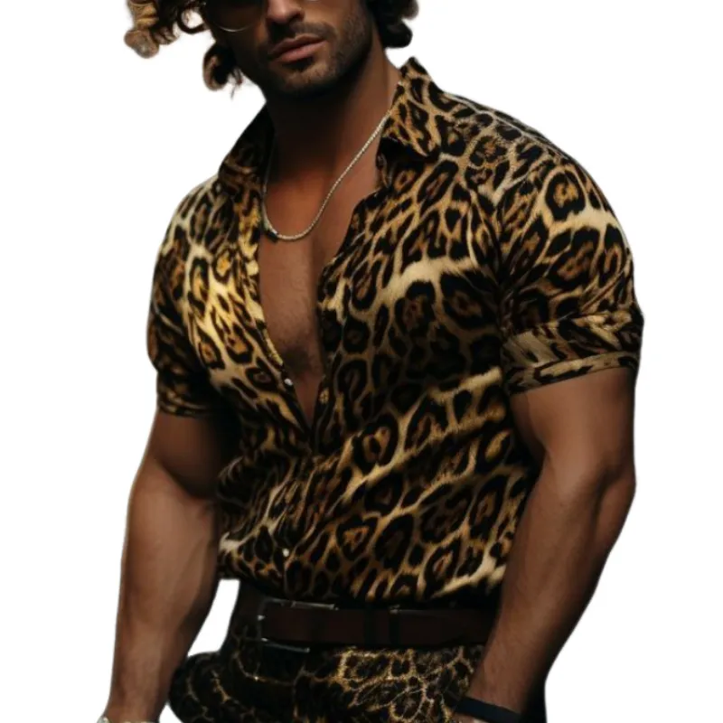 Men's Stylish Casual Slim Fit Leopard Print short sleeve shirt 63059876K sold by Manly