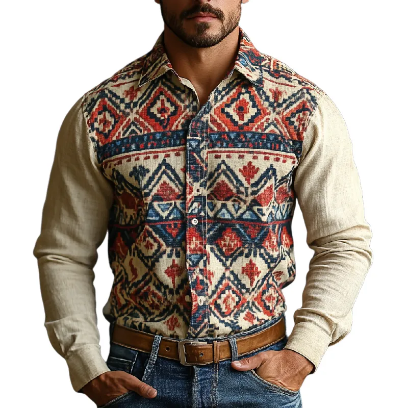 Men's Retro Lapel Printed Cotton and Linen Long Sleeve Shirt 58531410F sold by Manly