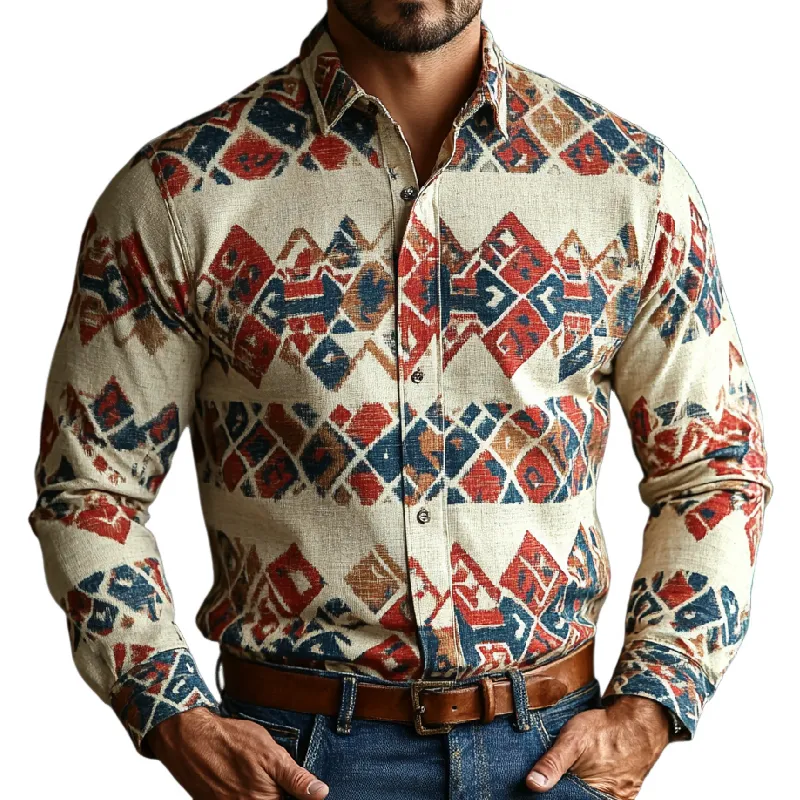 Men's Versatile Lapel Printed Cotton and Linen Long-sleeved Shirt 46159431F sold by Manly